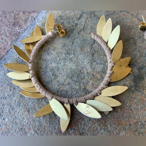 Leather & Brass Fringe Large Hoop Earrings - Picture 6 of 7